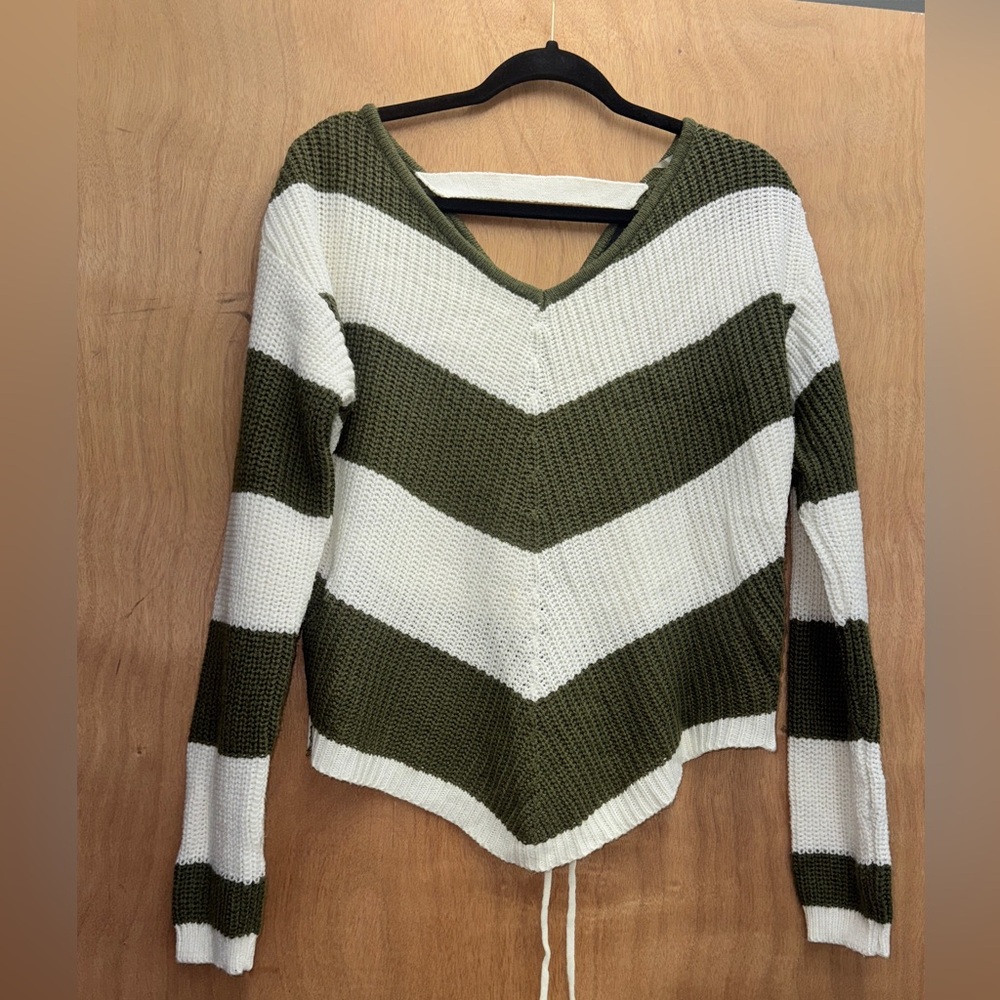 Olive and White V-Neck Sweater